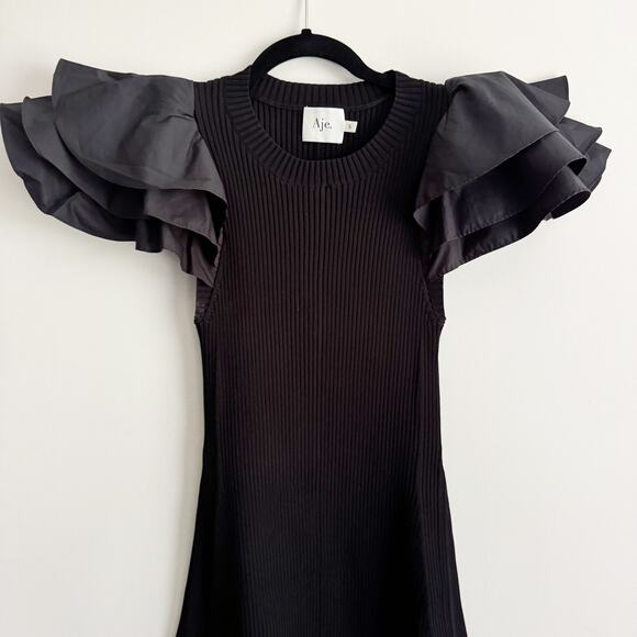 Aje Black Questa Puff Ruffle Sleeve Mini Dress Small - Picture 6 of 11